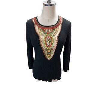 Berek Top Women's Size XS Black Multicolor Beads Embroidery Long Sleeve